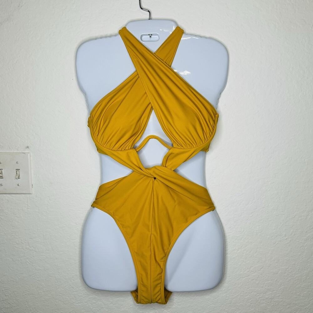 Andrea Iyamah Nayo One Piece Swimsuit yellow Halter Cut Out Spring Break Medium